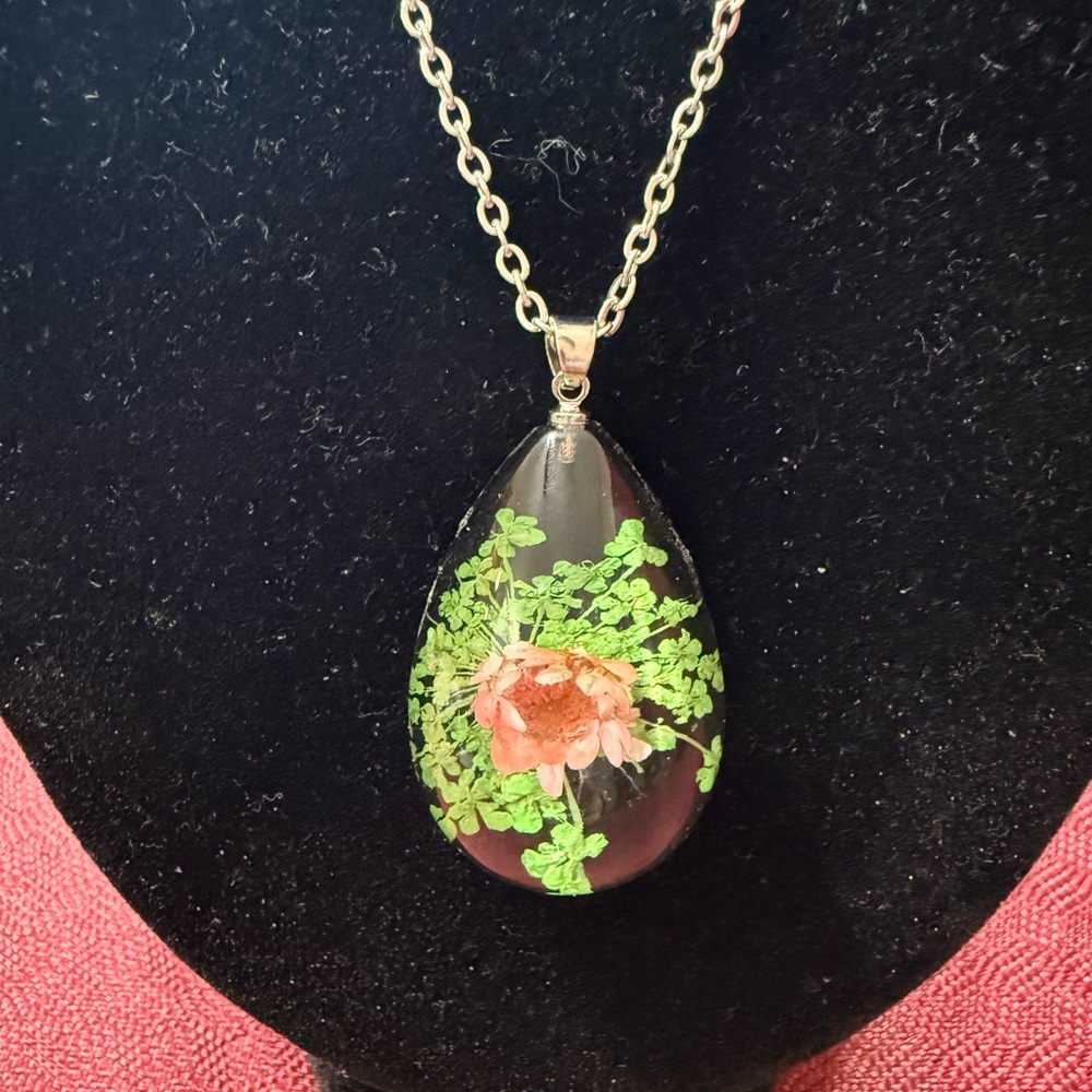 Handcrafted Green & Pink Teardrop Resin Pendant Necklace